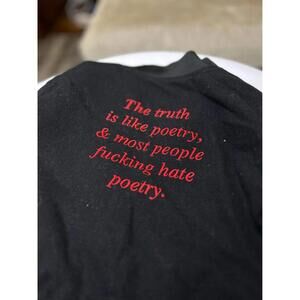 Men's Black Bomber Jacket with Rose Embroidery and Quote Print